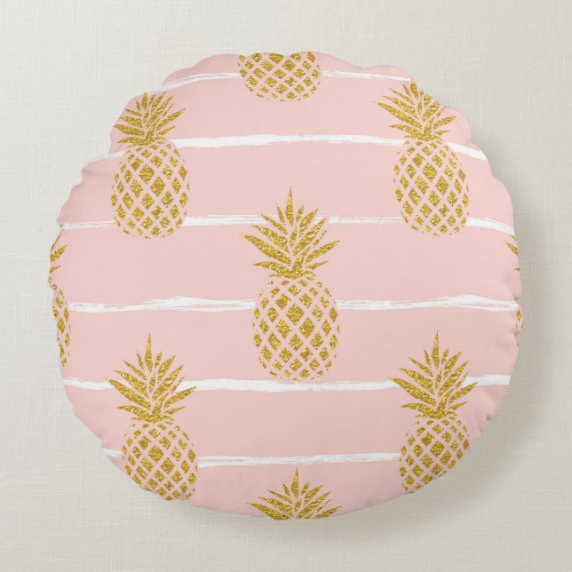 Cojín Redondo Piña de oro, fondo de verano rayado. (Anverso)