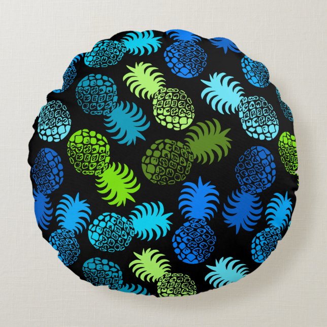 Cojín Redondo Piña tropical de Momona Hawaiana reversible (Anverso)