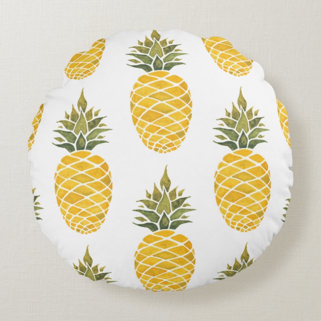 Cojín Redondo Piñas Pintadas A Mano: Acuarela Seamless. (Anverso)