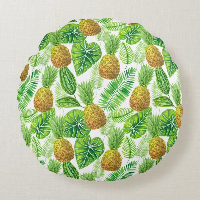 Cojín Redondo Piñas y hojas tropicales (Anverso)