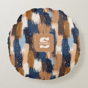 Cojín Redondo Pinceles abstractos en azul, blanco y marrón (2)