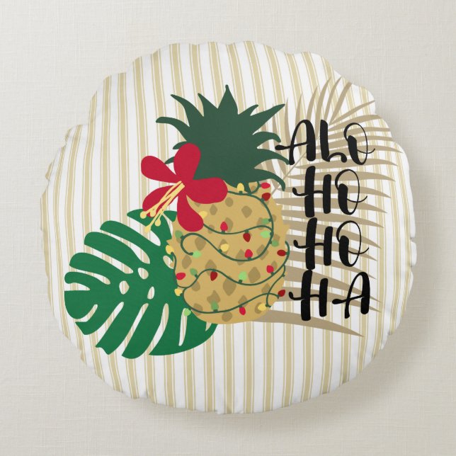 Cojín Redondo Pineapple tropical hawaiana ALO-HO-HA (Anverso)