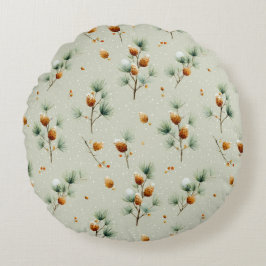 Cojín Redondo Pinecones de invierno y ramas de nieve