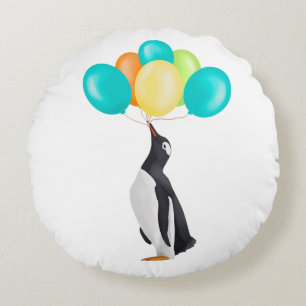 Cojín Redondo Pingüino Con Globos Coloridos
