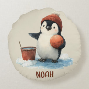 Cojín Redondo Pingüino de Baloncesto de Invierno Personalizado N