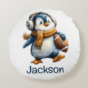 Cojín Redondo Pingüino de fútbol de invierno personalizado para 