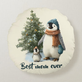 Cojín Redondo Pingüino de invierno personalizado “Mejor mamá del