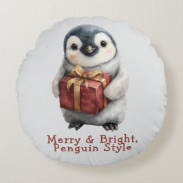 Cojín Redondo Pinguino de Navidad Alegre y Brillante