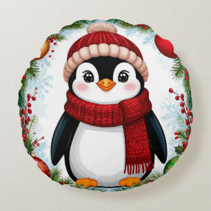 Cojín Redondo Pingüino Festivo Decorado Con Adornos Navideños