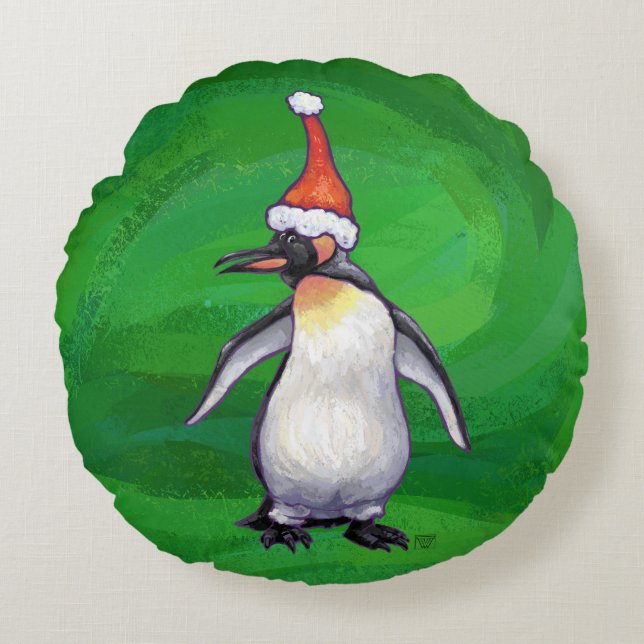Cojín Redondo Pingüino lindo en Sombrero de Santa (Anverso)