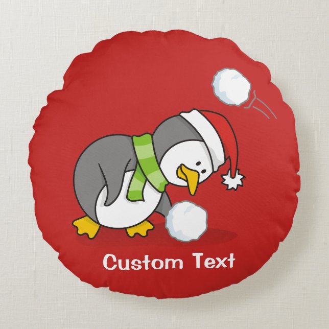 Cojín Redondo Pingüino navidad recibiendo bola de nieve (Anverso)