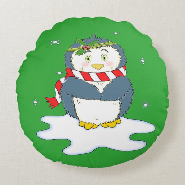 Cojín Redondo Pingüino Navidades Adorables (Anverso)