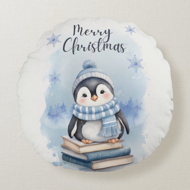 Cojín Redondo Pingüino Navidades de acuarela (Anverso)