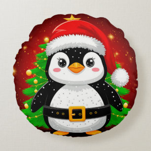 Cojín Redondo 🐧 Pingüino Santa Claus Árbol de Navidad Diversión