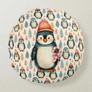Cojín Redondo Pingüino vintage con Navidades de canes de candy
