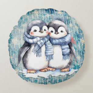 Cojín Redondo Pingüinos de acuarela azul invernal con escarabajo