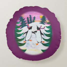 Cojín Redondo Pingüinos De Patinaje Cuto Pingüinos De Nieve Dive