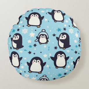 Cojín Redondo Pingüinos Kawaii Con Copos De Nieve Sin Pena