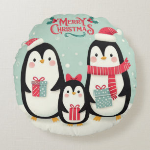 Cojín Redondo Pingüinos nevados de Feliz Navidad