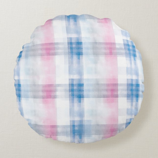 Cojín Redondo Pink Blue White Plaid Stripes (Anverso)