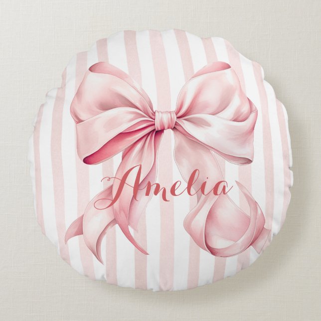 Cojín Redondo Pink Bow and Stripes Personalized (Anverso)