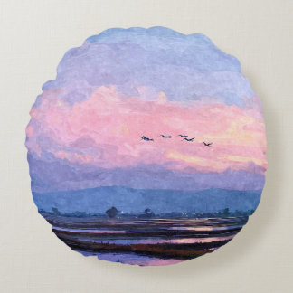 Cojín Redondo Pink Dusk Flight Watercolor Landscape Pillow
