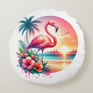 Cojín Redondo Pink Flamingo Sunset Clipart