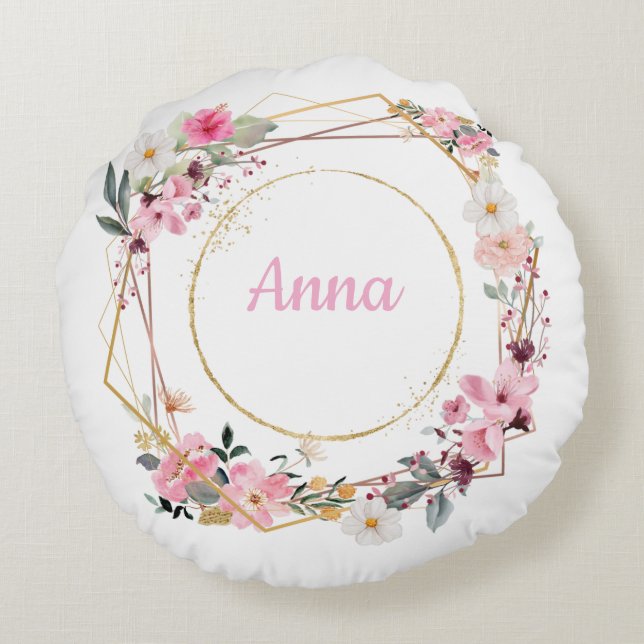 Cojín Redondo Pink Floral Gold Geometric Decorative Pillow (Reverso)