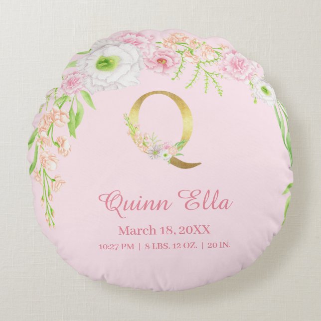 Cojín Redondo Pink Floral Gold Monogram "Q" Baby Girl Stats (Anverso)