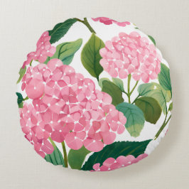Cojín Redondo Pink Hydrangea Watercolor Floral Coastal