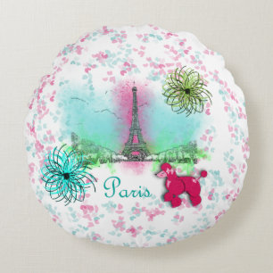 Cojín Redondo Pink Poodle Paris Eiffel Tower
