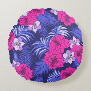 Cojín Redondo Pink & Purple Tropical - Un diseño de hibisco bril