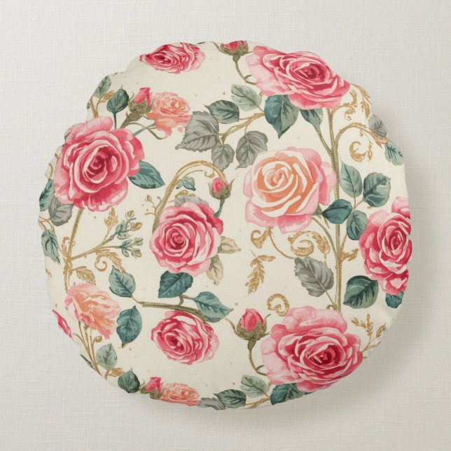 Cojín Redondo Pink Rose Flowers Pattern, Beautiful, Elegant (Anverso)