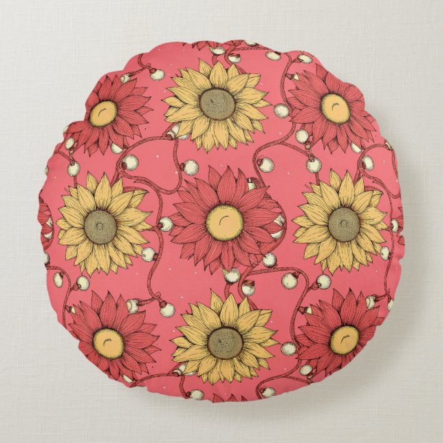 Cojín Redondo Pink Sunflowers Christmas (Anverso)