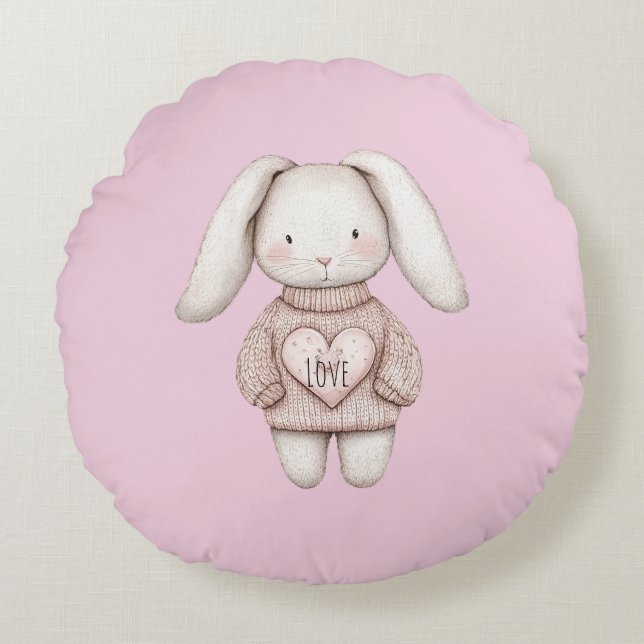Cojín Redondo Pink Sweet Cute Bunny Pink Sweater Heart (Anverso)