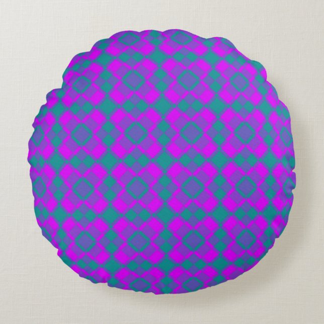 Cojín Redondo Pink Teal Purple Checker Argyle Pattern (Anverso)