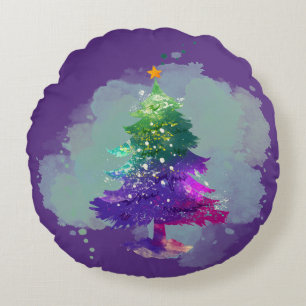 Cojín Redondo Pino moderno de Navidad con acuarela colorida