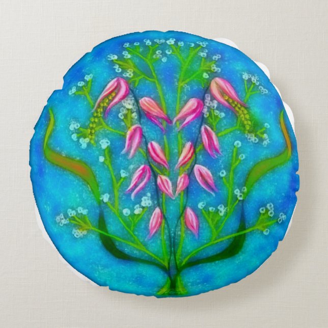 Cojín Redondo Pintado acrílico de flores de playa (Anverso)
