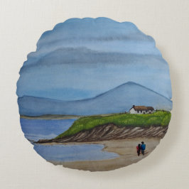 Cojín Redondo Pintado acuático de un día romántico en la playa