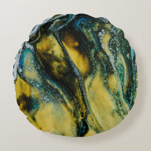 Cojín Redondo Pintura abstracta amarilla, blanca y azul