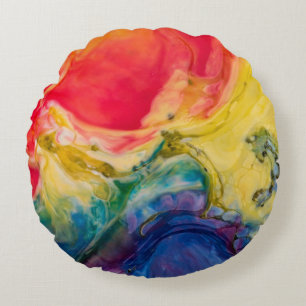 Cojín Redondo Pintura abstracta azul amarillo rojo