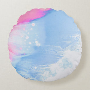 Cojín Redondo Pintura abstracta azul blanco y rosa