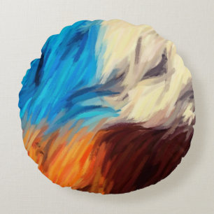 Cojín Redondo Pintura abstracta de color azul naranja