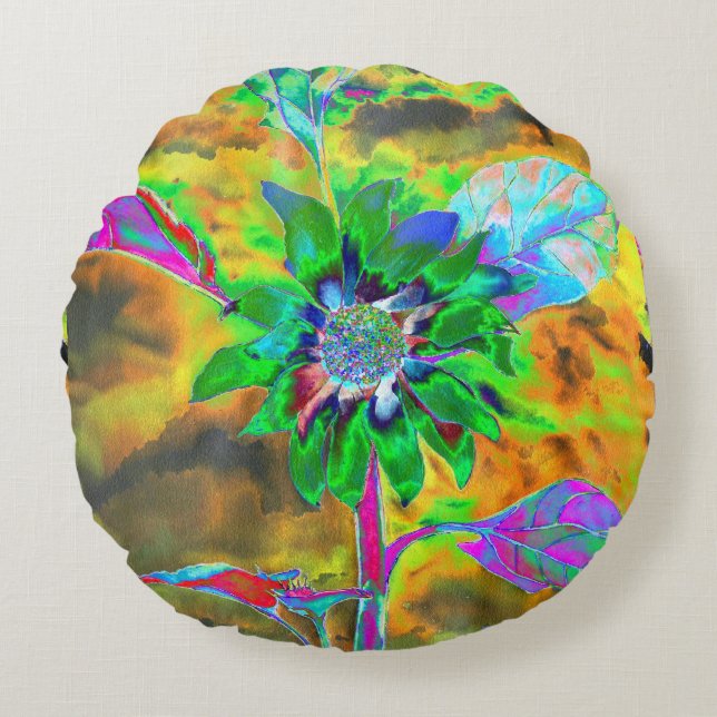 Cojín Redondo Pintura abstracta de girasol retro de oro verde (Anverso)
