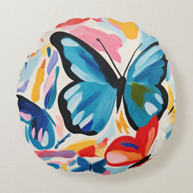 Cojín Redondo Pintura abstracta de mariposas. (Anverso)