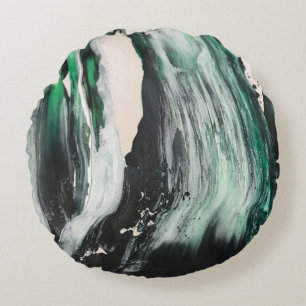 Cojín Redondo Pintura abstracta en negro, blanco y verde azulado