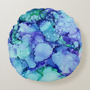 Cojín Redondo Pintura abstracta púrpura y azul