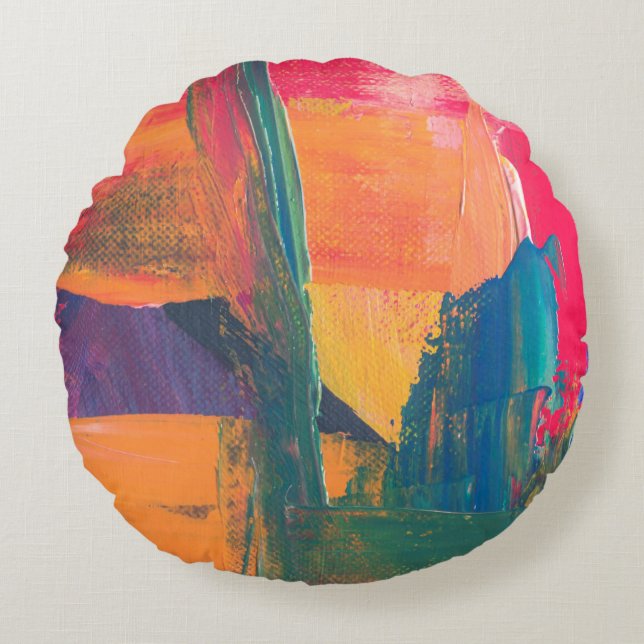 Cojín Redondo Pintura abstracta verde, amarilla y roja (Anverso)