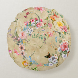 Cojín Redondo Pintura acuarela de hojas y flores, sin costura 