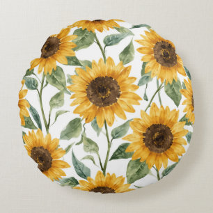 Cojín Redondo Pintura Acuarela Floral Amarillo Girasoles